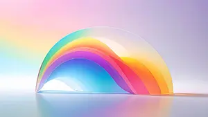 白い床の上に置かれた透明なガラスのような素材の半円形の虹色オブジェが美しい3Dアート