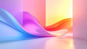 ピンクや青やオレンジのパステルカラーの滑らかな曲線がモダンな空間を作っている3D背景