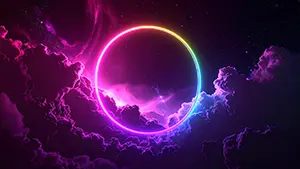 Neon circular ring glowing in rainbow colors in the center against purple space and clouds
