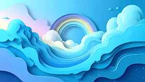 水色の画用紙で作ったような雲と波の間にパステルカラーの虹がかかるペーパークラフト風背景