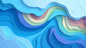 青い紙を何層にも重ねたような切り絵風のデザインの中に虹色の層が見える抽象的な背景