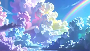 ピンクや水色のパステルカラーに染まった雲海と空に虹がかかっている幻想的な風景イラスト