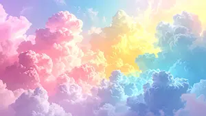Dreamy rainbow sky background with pastel pink and blue clouds