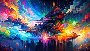 カラフルなピクセルブロックが積み重なり滝のように流れ落ちているデジタルグリッチアート