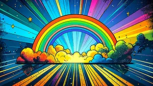 アメコミ風の集中線を背景にモコモコの雲と大きな虹が描かれたポップでカラフルなイラスト