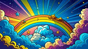 アメコミ風の集中線を背景にモコモコの雲と大きな虹のアーチが描かれたポップなイラスト