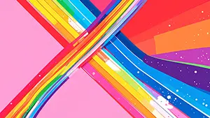 ピンク色の背景に赤や黄色や青の太いストライプのラインが交差しているポップなイラスト