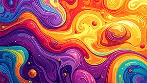 紫やオレンジや青などの極彩色の液体が複雑に溶け合い渦を巻いているサイケデリックなマーブル模様