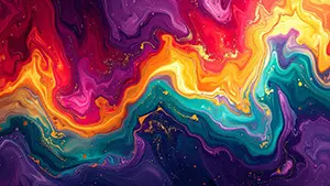 紫やオレンジや青緑のマーブル模様の中に金粉が散りばめられたサイケデリックなリキッドアート