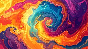 オレンジや青や紫の鮮やかな絵の具が複雑に渦を巻いて混ざり合っているマーブル模様の背景
