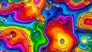 赤や青や緑の鮮やかな色の層が複雑に渦を巻きながら重なり合っている抽象的なアート