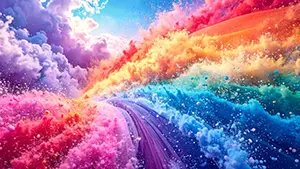 ピンクや青や黄色などのカラフルな色の粉が爆発して煙のように舞い上がるアート背景