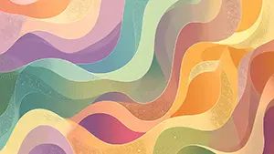 くすんだオレンジや緑や紫の波模様が層になって重なっているレトロな紙の質感のイラスト