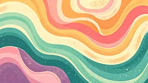 クリーム色やオレンジや緑のくすんだパステルカラーの波模様が層になっているレトロな背景