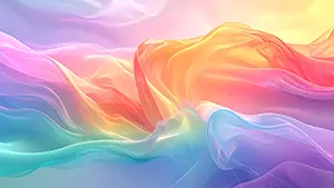 ピンクやオレンジや青の透け感のある布が光を受けて虹色に輝きながら舞っている抽象背景