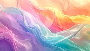 淡いピンクや水色やオレンジのパステルカラーがシルクの布のように滑らかに波打つ抽象背景