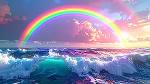 夕暮れの空の下で荒立つ青い海と波しぶきの上に大きな虹が架かっているドラマチックな風景