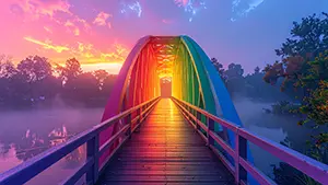 美しい夕焼け空の下で虹色に塗られたアーチ橋が川に架かっている幻想的な風景画
