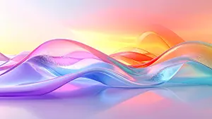 透明なガラスや液体のような質感のカラフルな波が滑らかに流れている3Dレンダリング背景