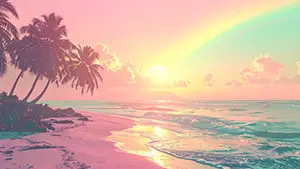 ピンク色の夕焼け空と海を背景にヤシの木と大きな虹が描かれたトロピカルなビーチの風景