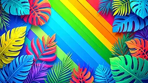 Background of monstera and other tropical leaves colored in vivid rainbow against stripes