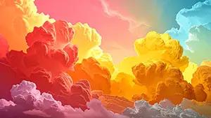 赤や黄色や水色など非現実的で鮮やかな色に染まった立体的で巨大な入道雲のイラスト