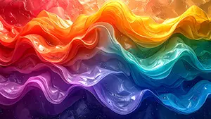 赤やオレンジや青の鮮やかな色の層が複雑に波打っている光沢のあるリキッドアート背景