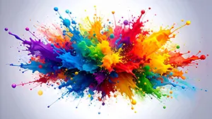 白い背景の中央で赤や黄色や青などの鮮やかなインクが四方八方に飛び散っているスプラッシュアート