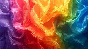 赤や黄色や青や紫の鮮やかな色の布が複雑にドレープを描いて波打っているファブリック背景