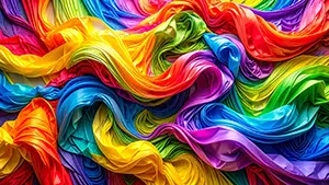 赤や青や黄色などの原色の布が複雑に渦を巻いて絡み合っている鮮やかな抽象的背景