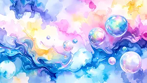 ピンクや紫や水色の水彩で描かれた空のような背景に大小のシャボン玉が浮かんでいるイラスト