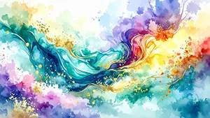 青や紫や黄色の水彩インクが滲む中に金粉が散りばめられた美しく幻想的な抽象画