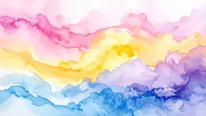 ピンクや黄色や青の水彩絵の具で描かれた山や雲のような層が重なる優しい抽象的な背景
