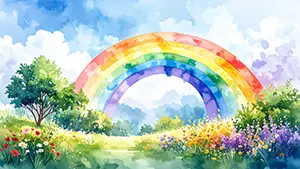 色とりどりの花が咲く緑の丘と青空に半円の虹が架かっている水彩画風の風景イラスト