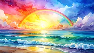 Gentle landscape of sunset over the sea and a rainbow painted in watercolor touch