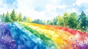 なだらかな丘が虹色の花畑になっており奥に森と青空が広がっている水彩画風の風景イラスト