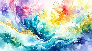 カラフルな水彩絵の具の滲みの中に金色の粒子がキラキラと散りばめられた抽象的なアート