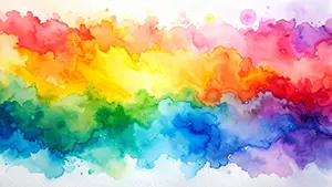 白い背景の中央に赤や黄色や青の水彩絵の具が横方向に滲んで広がっている美しいグラデーション