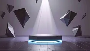 Modern and stylish background illustration illuminating floating geometric polyhedrons and a hexagonal stage