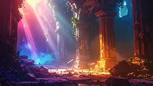Fantasy landscape background illustration with mystical pink and blue light shining into ruins of crumbled stone pillars