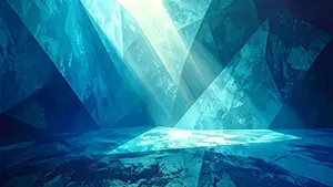 Cool and abstract background illustration where light shines through gaps in blue ice or crystal-like geometric shapes