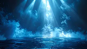 暗い空間に青い光の筋が差し込み床に広がるスモークを照らしている神秘的なステージ風景