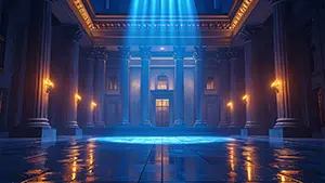 高い柱が並ぶ薄暗い宮殿のホールに青い神秘的な光が差し込んでいる様子