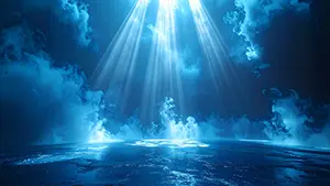 暗い空間に青白い光の筋が差し込み床に広がる深いスモークを照らしている幻想的な風景