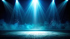 Cool and mystical stage background illustration with intersecting blue spotlight beams and smoke