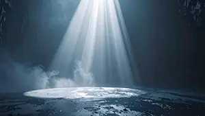 暗い洞窟の岩の隙間から一筋の光が差し込み濡れた地面を照らしている神秘的な光景