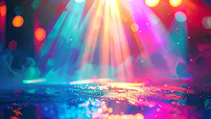 カラフルな虹色のスポットライトとレーザーが交差し床に反射している派手なステージ風景