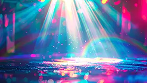 カラフルな光の筋とキラキラした玉ボケが降り注ぐ幻想的で抽象的なステージ空間