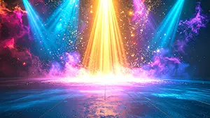Flashy and energetic background illustration with colorful stage lights and sparking light explosions