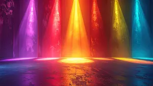 Vivid and flashy stage background illustration with colorful spotlights in red, yellow, and blue lined up vertically